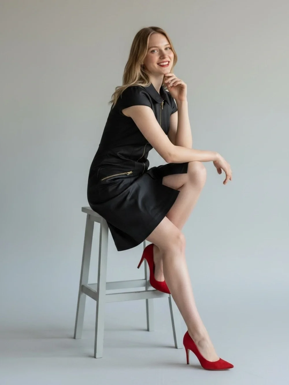 Louis Vuitton Black Short-Sleeve Zip-Front Mini Dress with Gold Accents